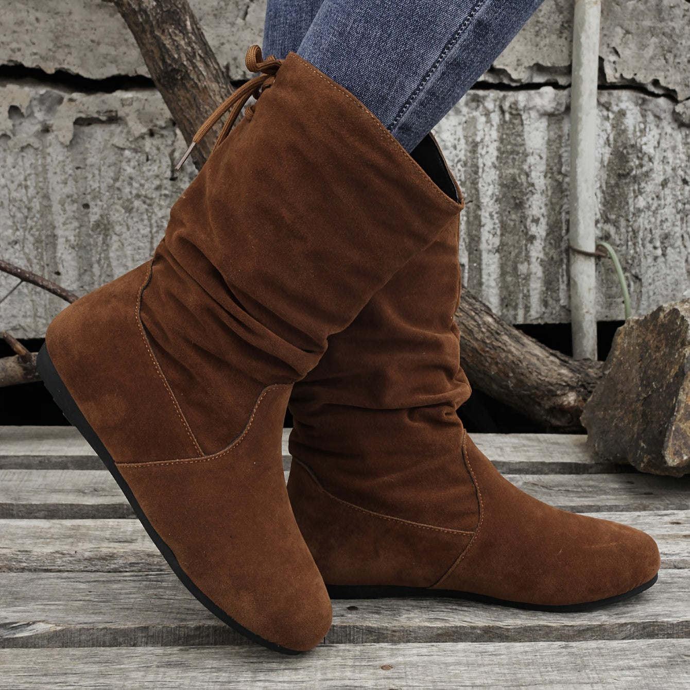 Women's Lace-Up Flat Boots with Round Toe Non-Slip Rubber Sole Solid Color