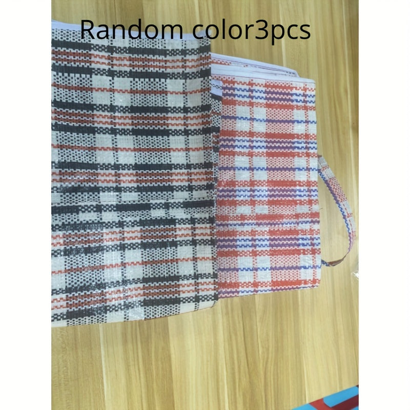 Extra Large Reusable Storage Bags for Clothes with Handles and Zipper Blue and White Checkered Pack of 3