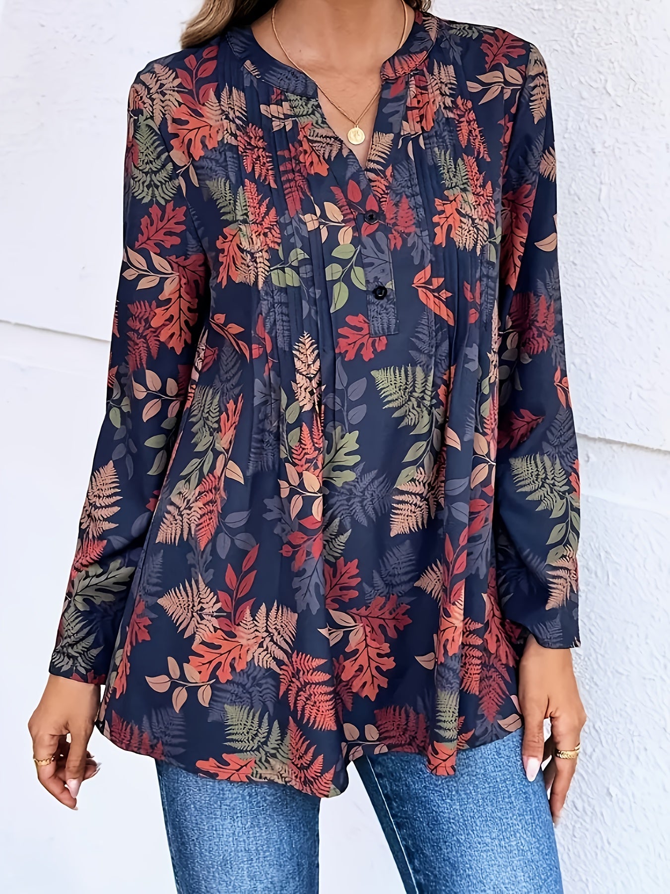 Women’s Polyester V-Neck Long Sleeve Blouse with Ruched Bust All-Season Casual Shirt