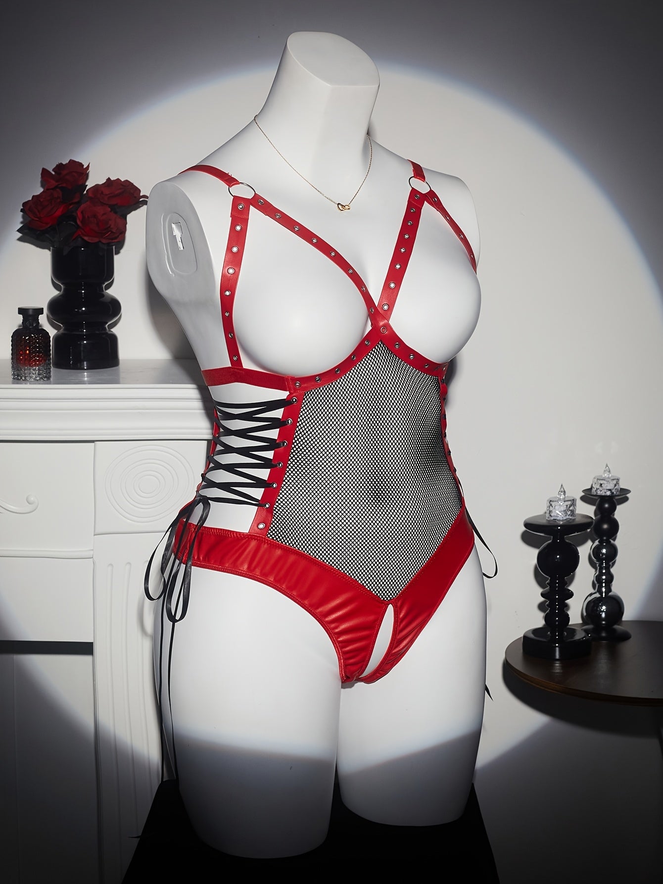 Plus-Size Women's Red and Black Mesh Bodysuit Semi-Sheer Lingerie