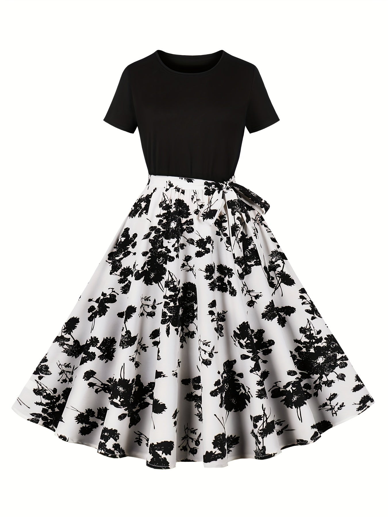 Floral Print Crew Neck Dress for Women with Short Sleeves and Belt Summer Elegant Polyester