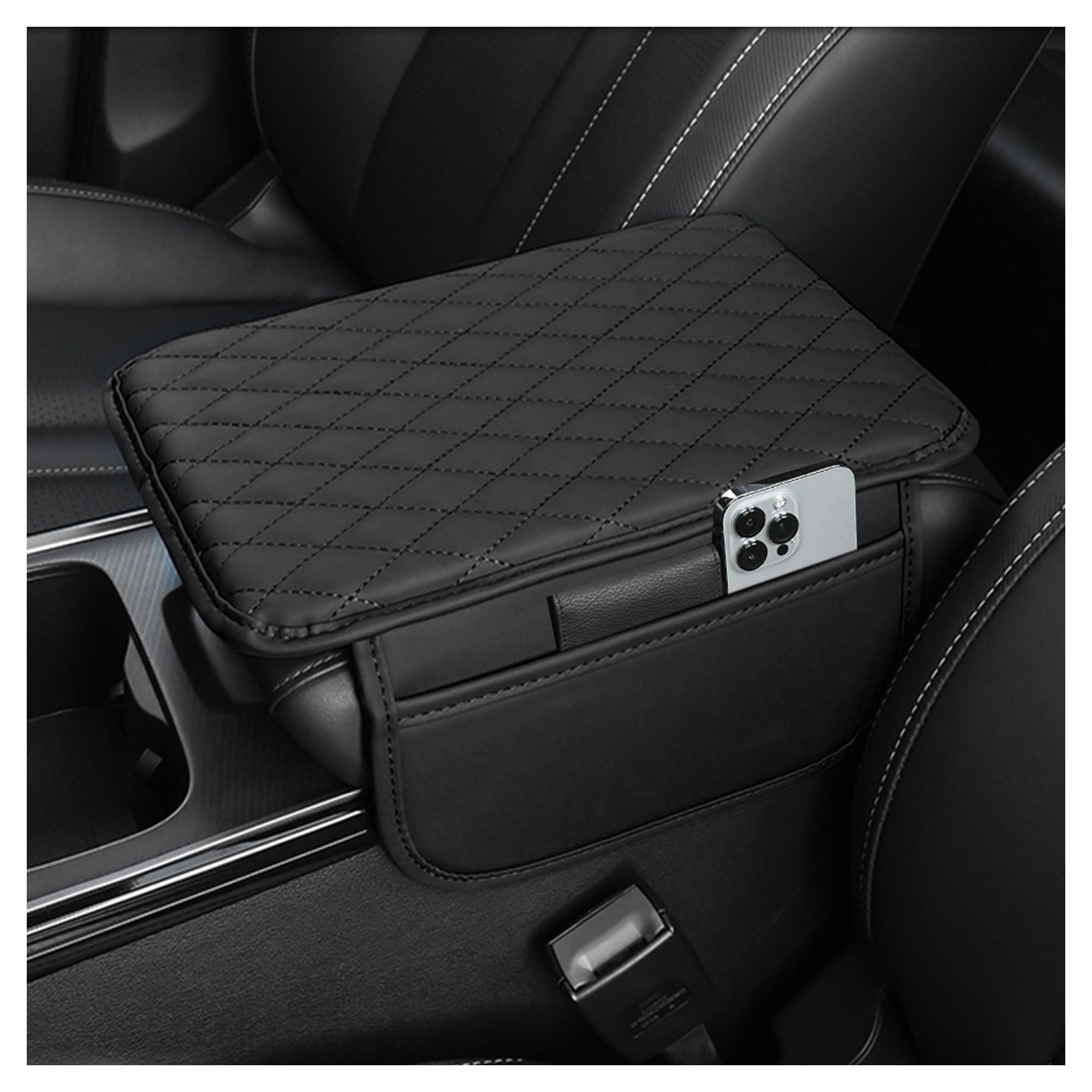 Car Armrest Cushion PU Leather with Storage Bags for Phones and Accessories