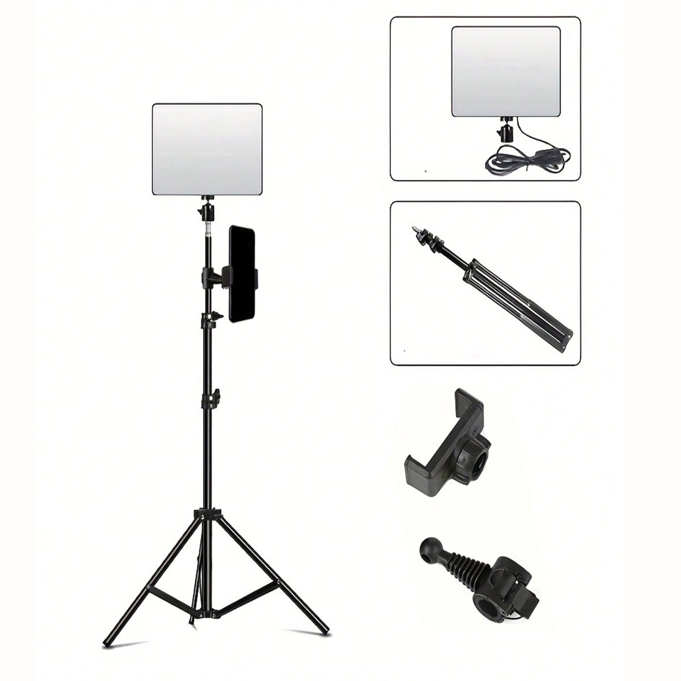 10-Inch LED Panel Light with Phone Holder and Adjustable Tripod Stand Photography Lighting Kit