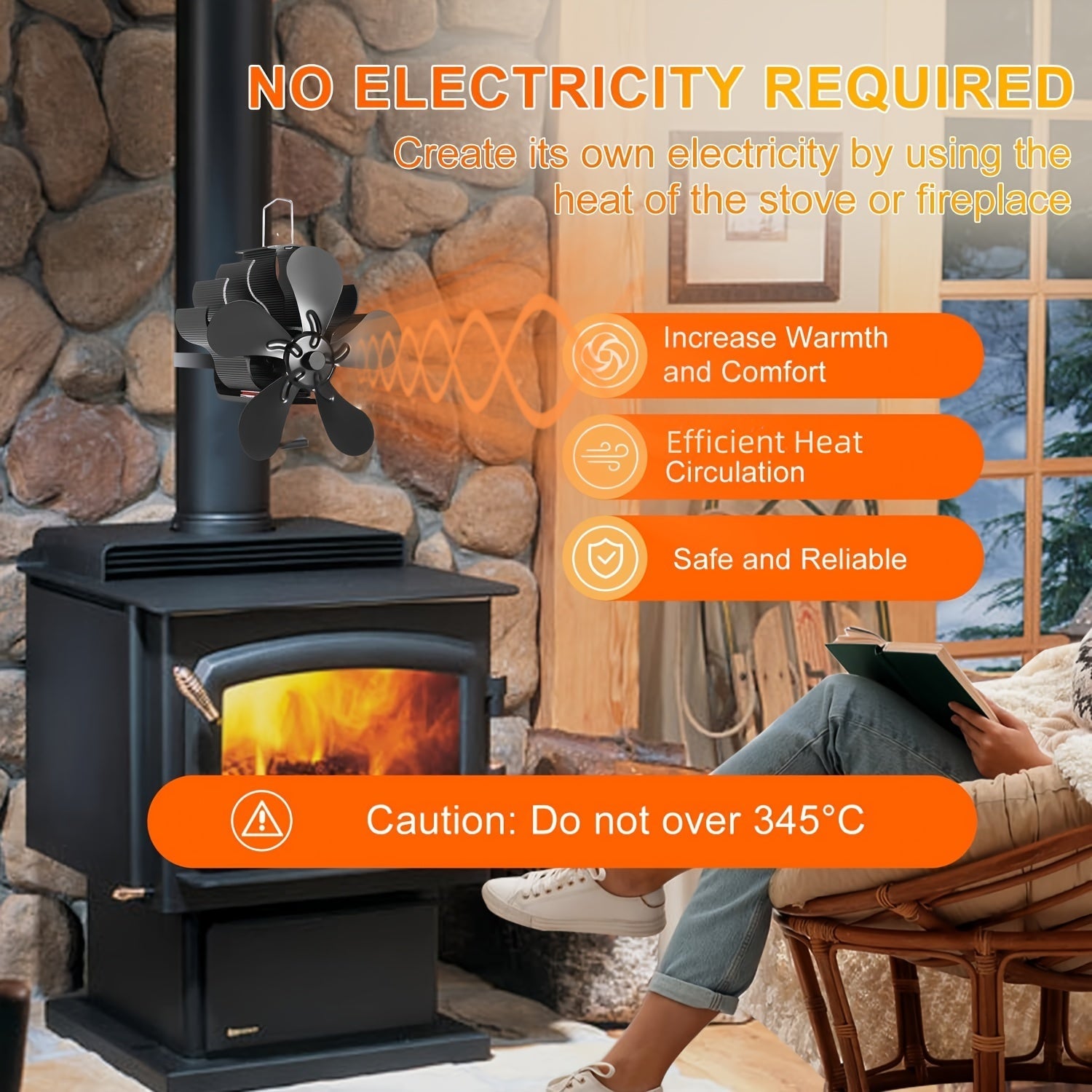 Wood Burning Stove Fan 5 Blades Aluminum High-Speed Polished Heat Circulation