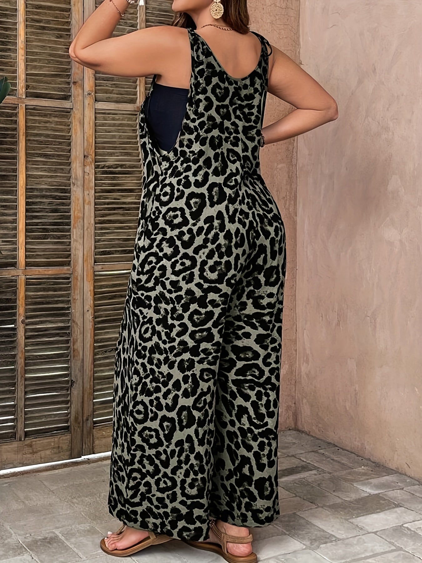 Plus-Size Leopard Print Sleeveless Jumpsuit with Pockets for Spring Summer Fall