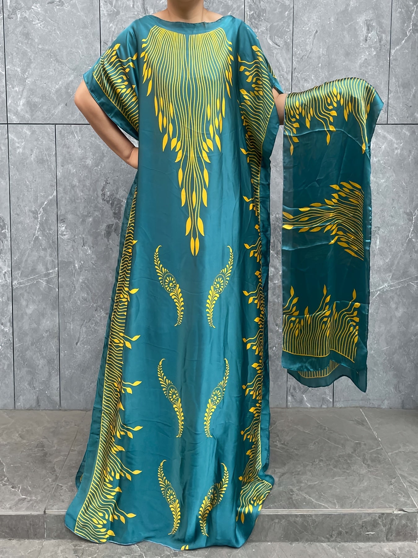 Plus Size Turkish Kafatan Robe With Scarf Geometric Polyester Bat Sleeve