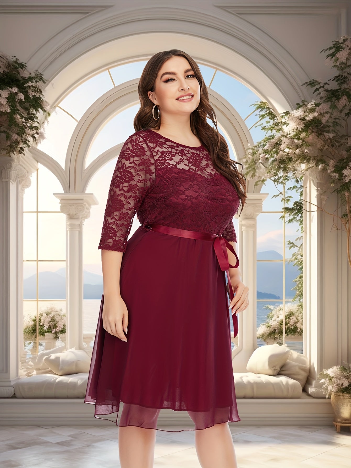 Plus Size Lace Tulle Wedding Dress A-Line Short Sleeve Maroon Formal Gown