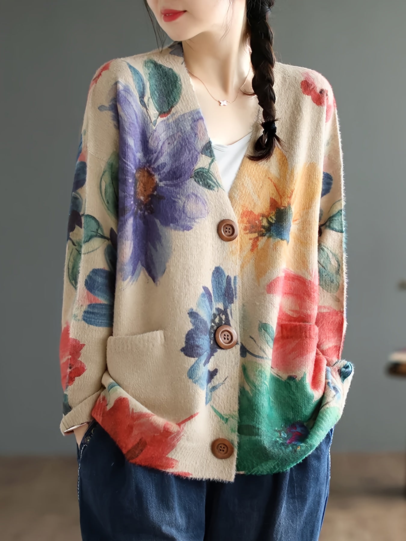 Women's Plus Size Floral Pattern Cardigan with Pockets Long Sleeves Fall Winter