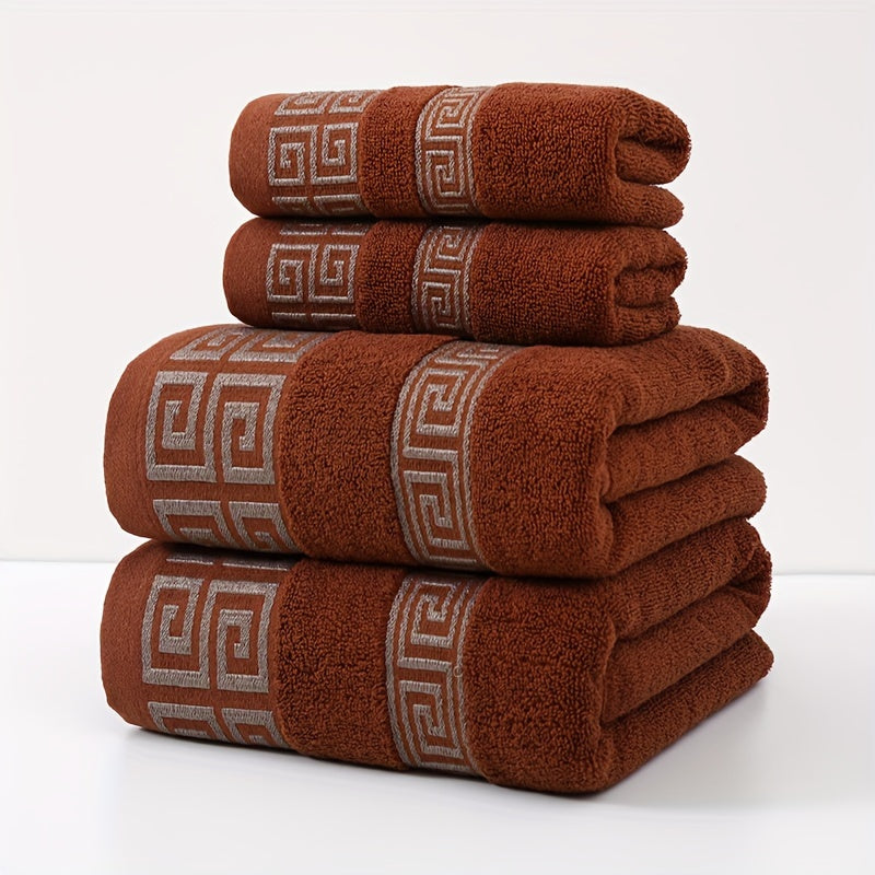Luxury Cotton Bath Towel Set 4 Pieces Geometric Embroidery 400GSM Soft Absorbent