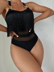 Women's One-Piece Swimsuit with Fringe Trim and Metal Chain Detail