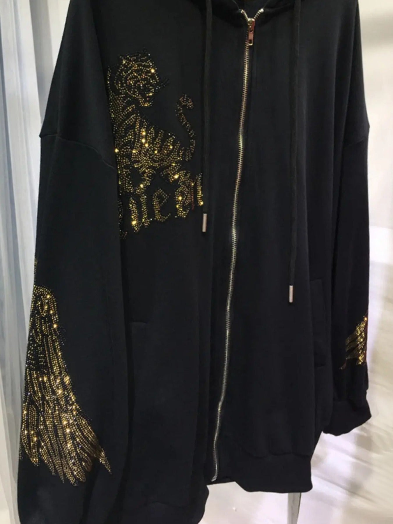 Plus Size Women's Hoodie with Sparkling Tiger Rhinestones, Geometric Pattern, Long Sleeves, Hooded, Spring Fall Knit Fabric