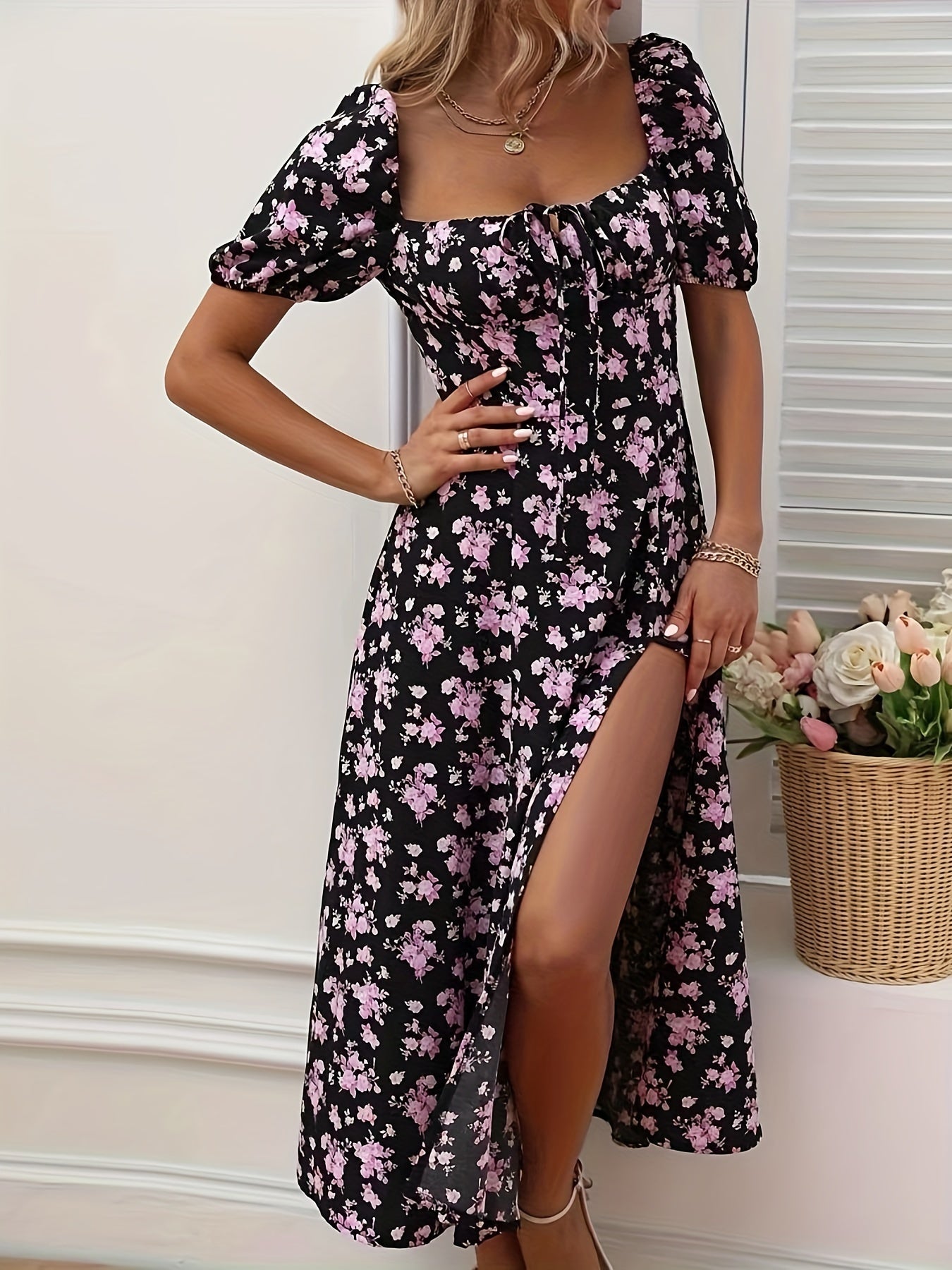 Women's Floral Print Puff Sleeve Dress with Split Hem for Summer
