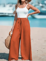 Women's Plus Size Wide Leg Pants Faux Drawstring Solid Orange High Waist