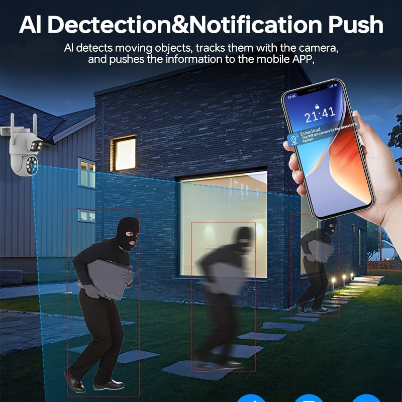 Tashqi simsiz xavfsizlik kamerasi, ikki linzali 360° ko'rinish, ilova xabarlari, rangli tungi ko'rinish, harakatni aniqlash, ikki tomonlama audio, SD/Cloud saqlash, IP65 suv o'tkazmaydigan - 4MP rezolyutsiya, 2.4g/5g Wifi'ni qo'llab-quvvatlaydi.