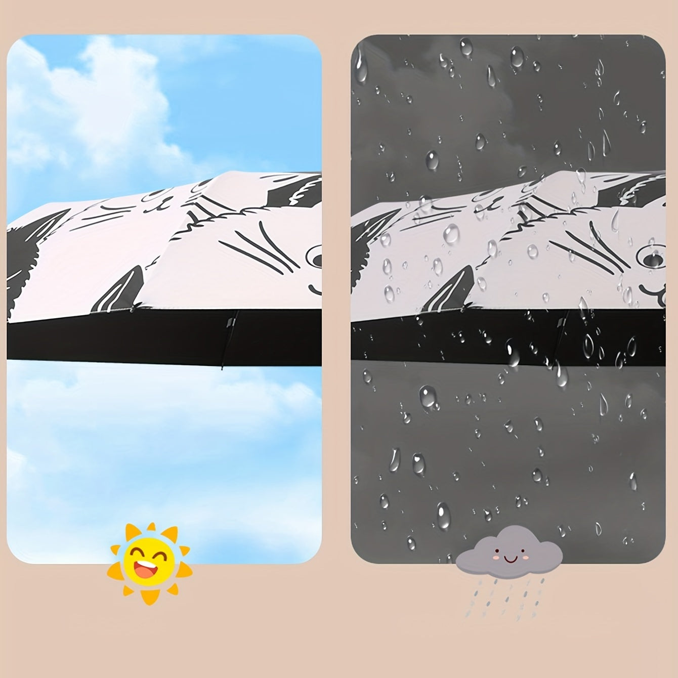 Cartoon Kittens Printed Automatic Umbrella UV Protection Black and White Reinforced Frame