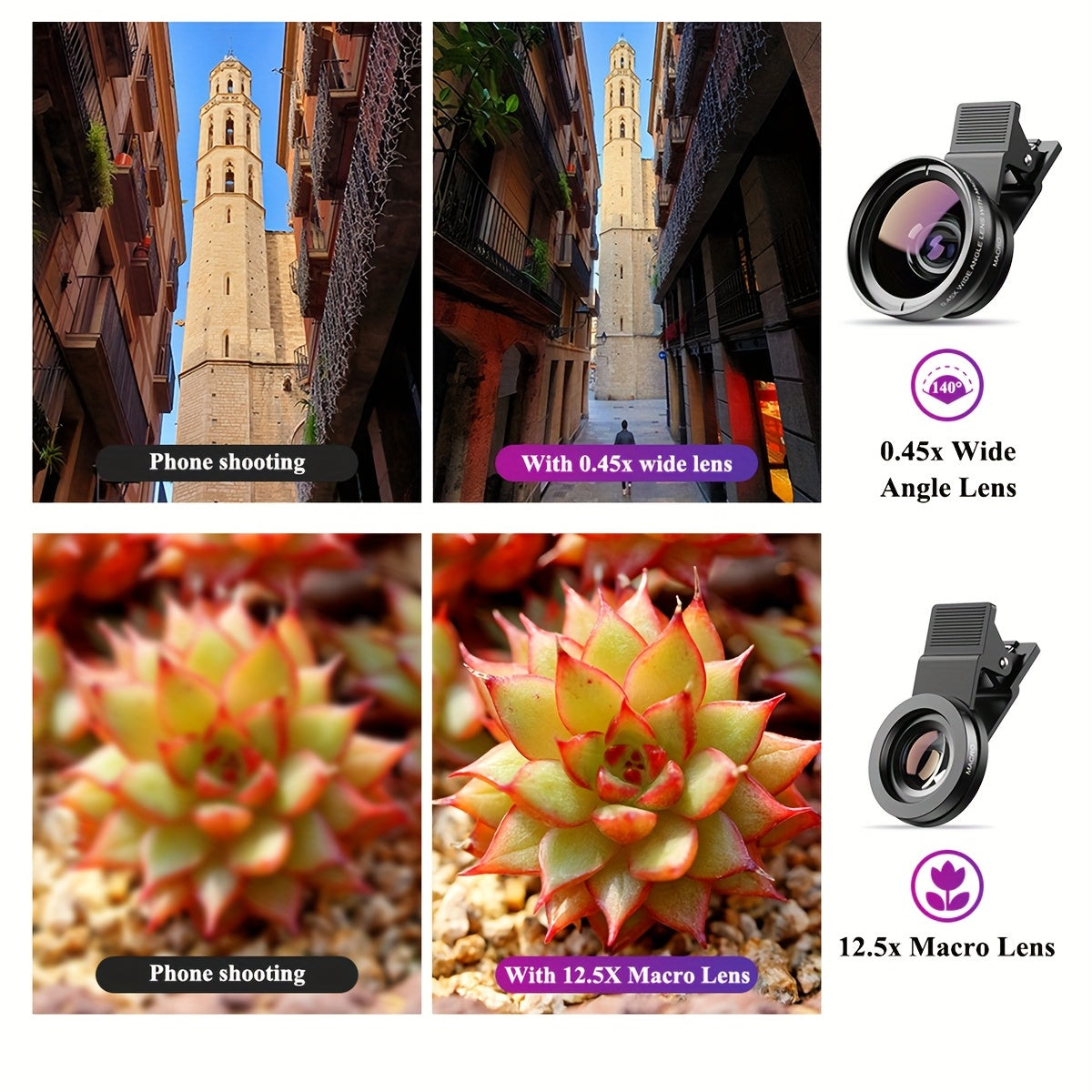 Smartphone Wide Angle and Macro Lens Kit Aluminum Alloy 0.45x HD 12.5x Macro