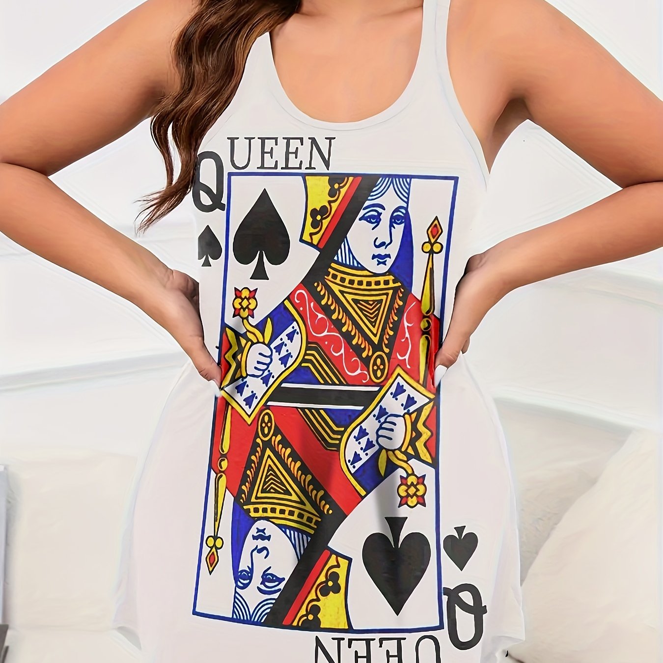 Women's Casual Poker Print Nightgown with Round Neck and Racer Back Tank Style
