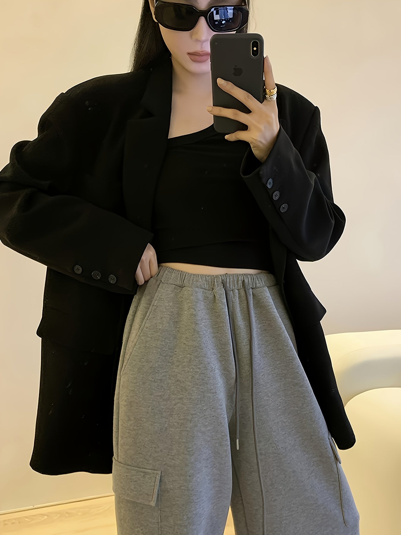 Women's Gray Polyester Blazer with Button Detail for Work and Casual Wear