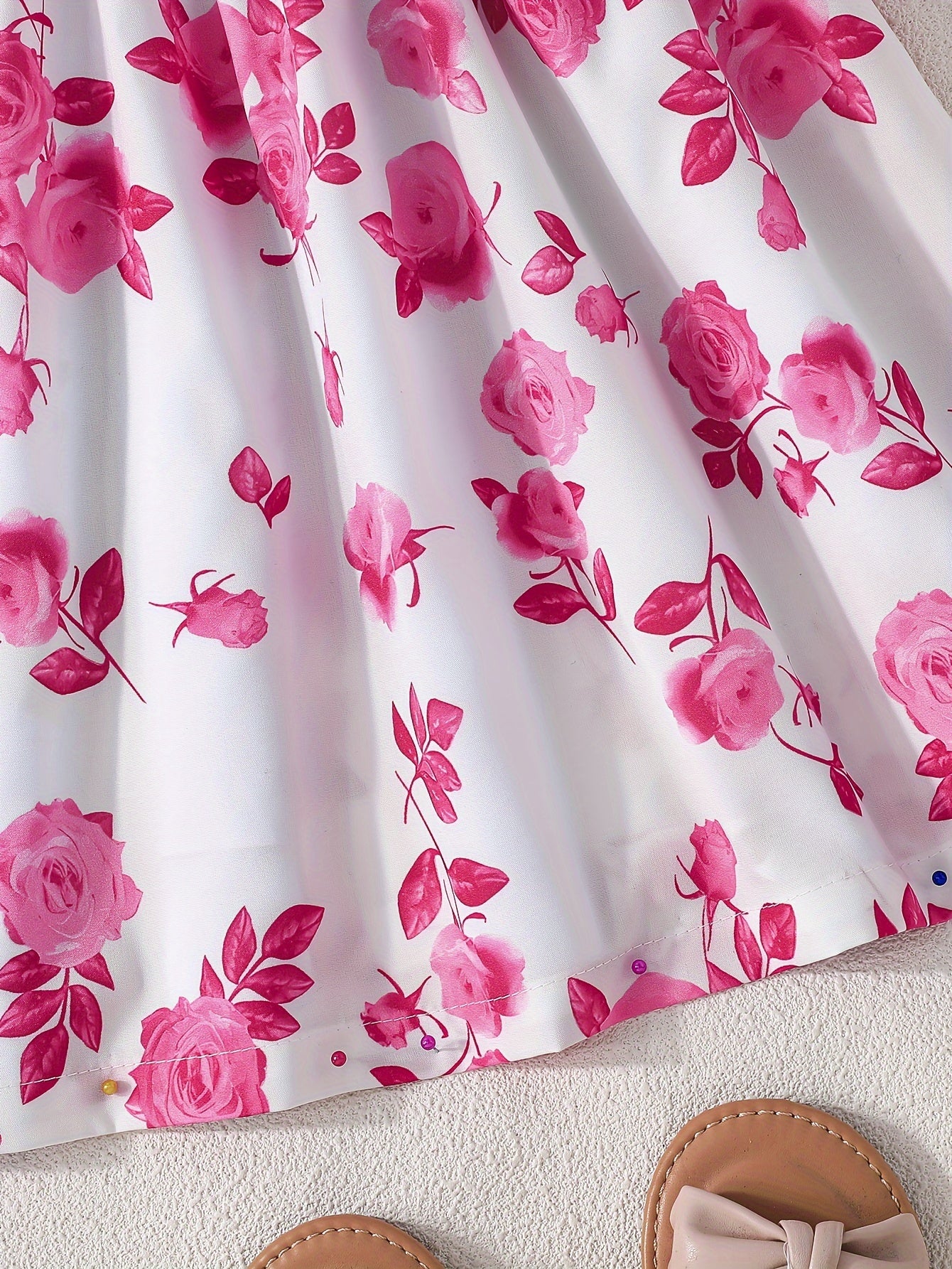 Girls Rose Print Dress with Ruffle Sleeves and Bow Waist for Casual and Outdoor Wear