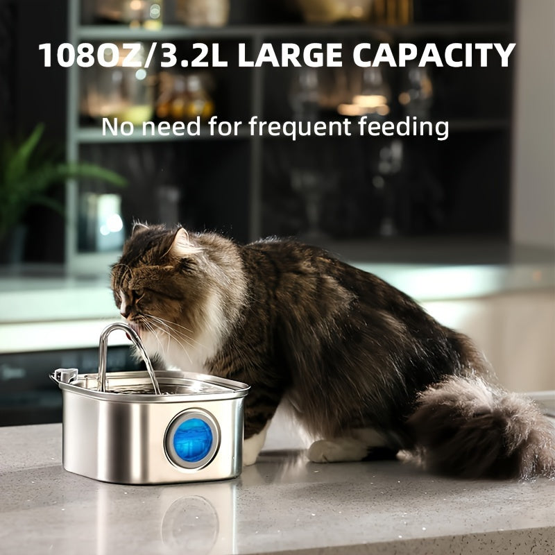 Stainless Steel 3.2L Automatic Cat Fountain USB Water Dispenser Quiet Large Eyes