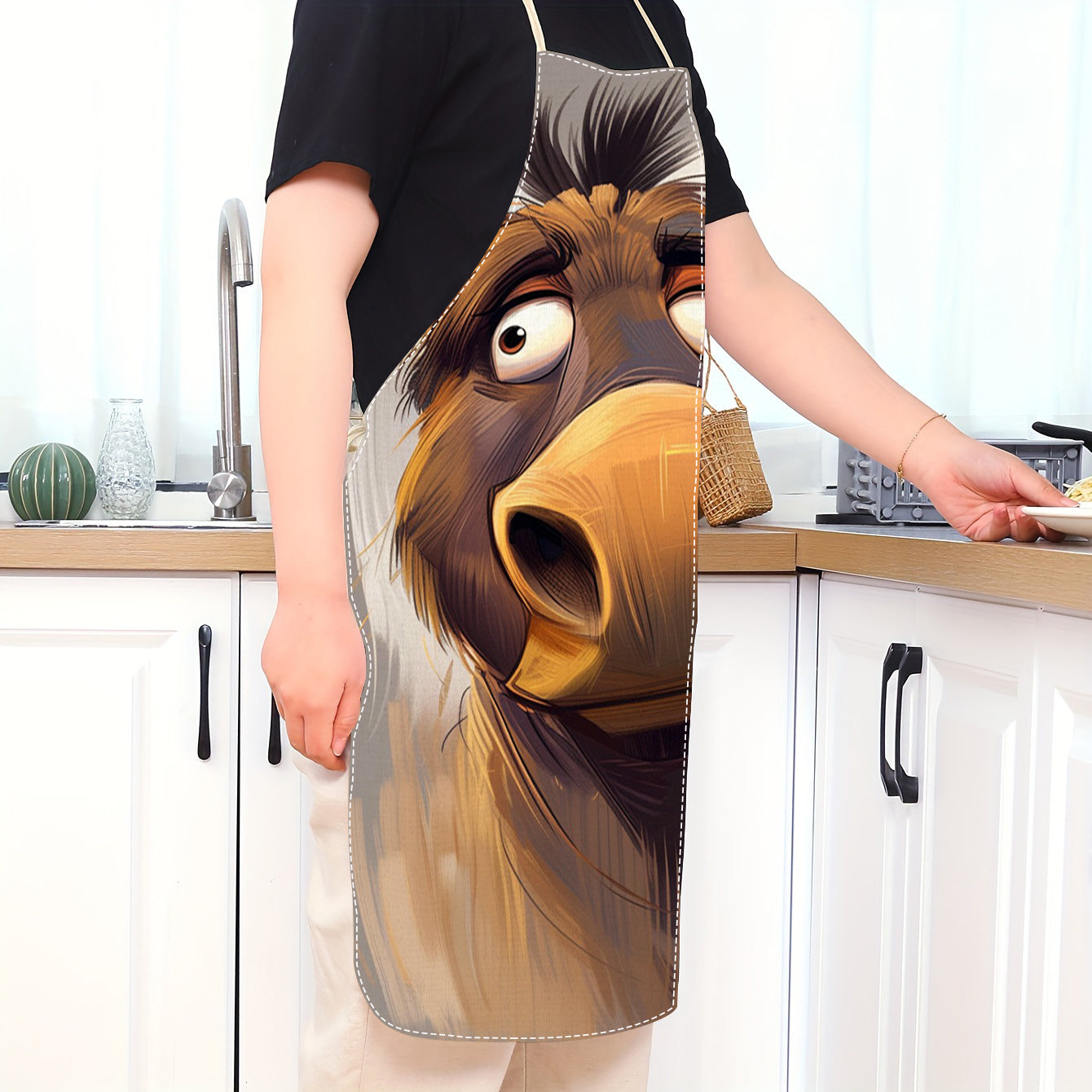 Delantal de lino sin mangas para adultos con estampado de cara de caballo, resistente delantal de cocina