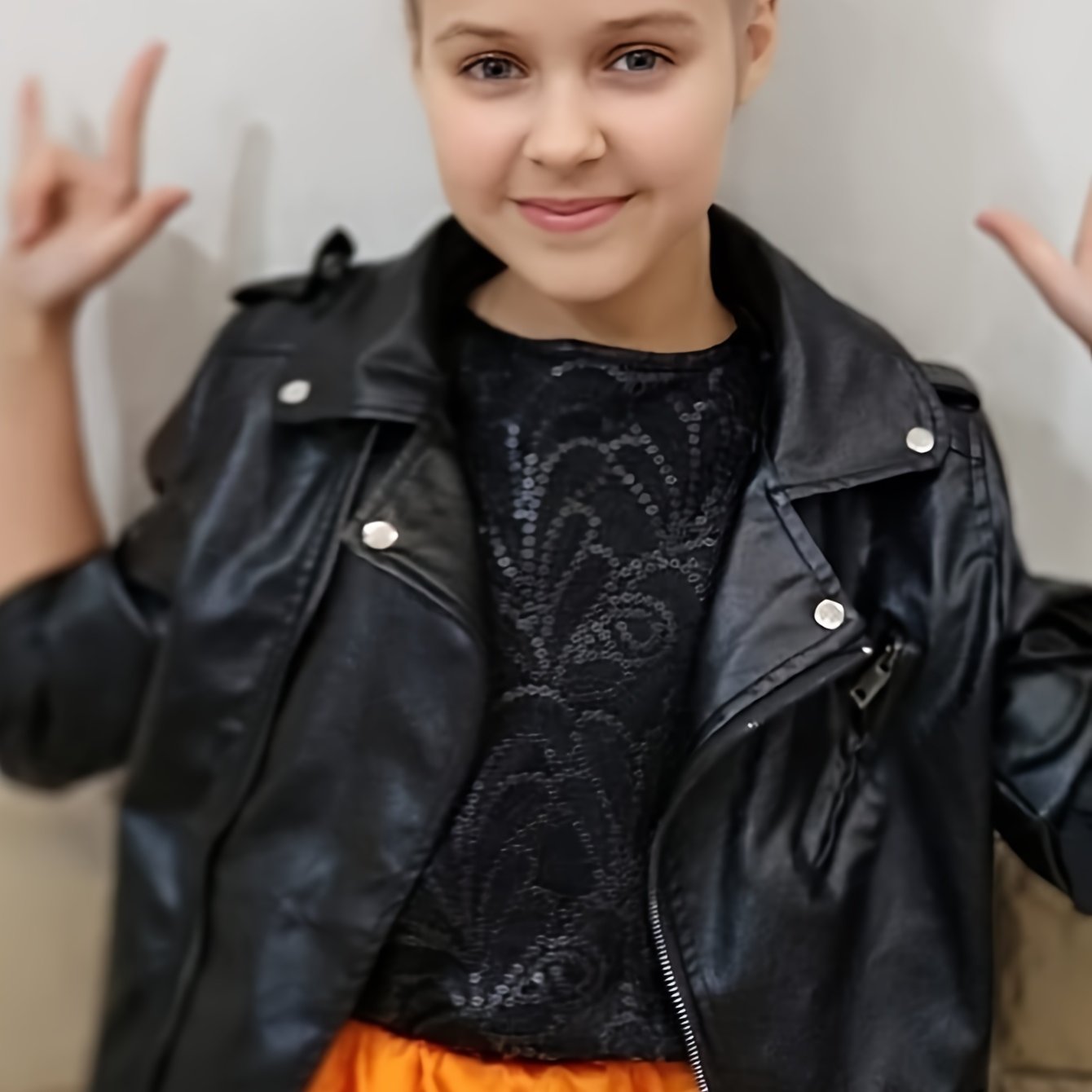 Girls Black PU Leather Biker Jacket for Spring and Fall Streetwear