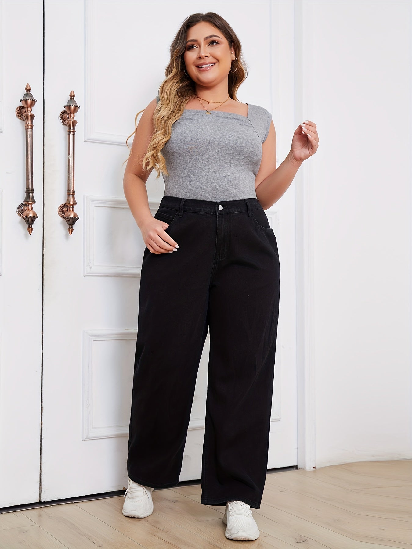 Plus Size Women's Denim Jeans Loose Fit Straight Leg Casual Pants