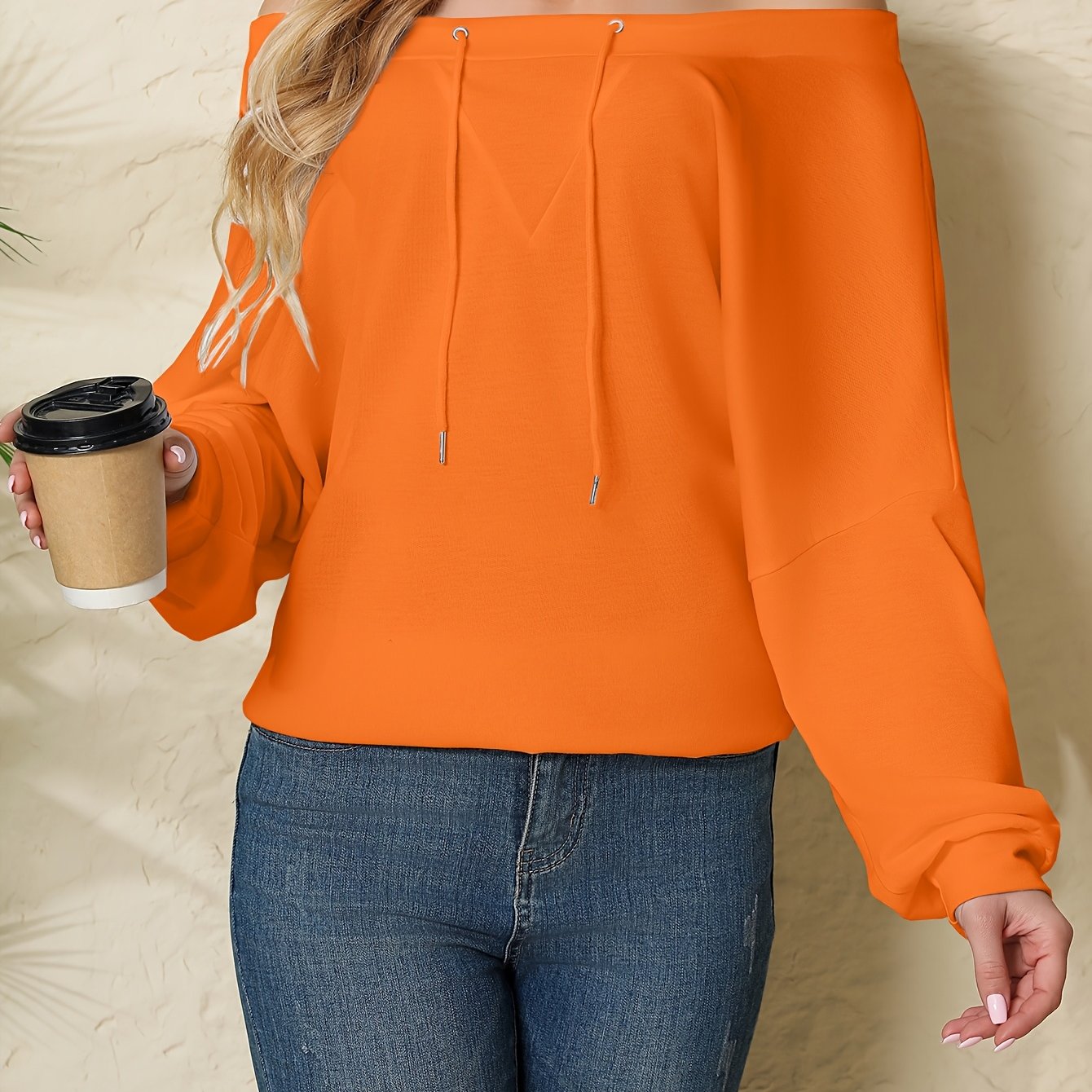 Women’s Polyester Knit Off-Shoulder Pullover Sweatshirt with Drawstring