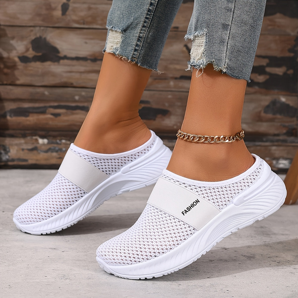 Women's White Slip-On Sneakers Breathable Mesh Casual Shoes for Summer