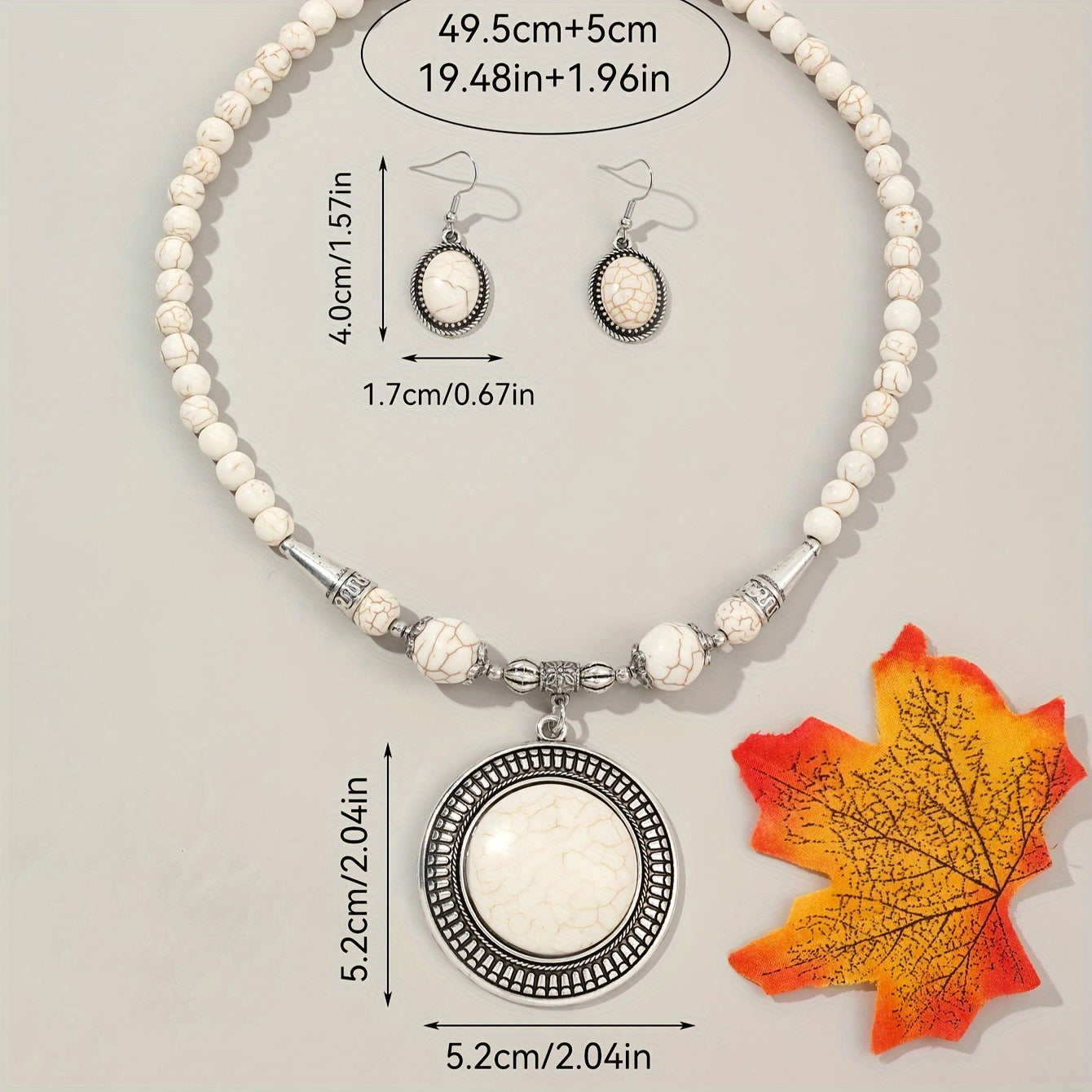 Boho Style Jewelry Set with White Turquoise Earrings and Necklace for Women