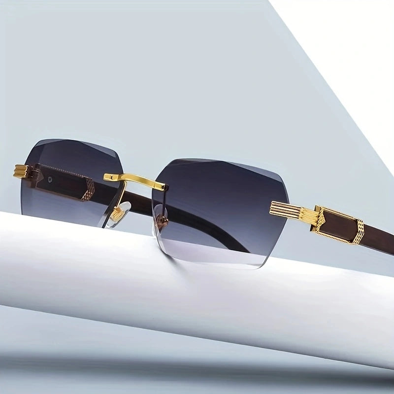 Unisex Rimless Rectangular Glasses with Faceted Lenses and Imitation Wood Temples