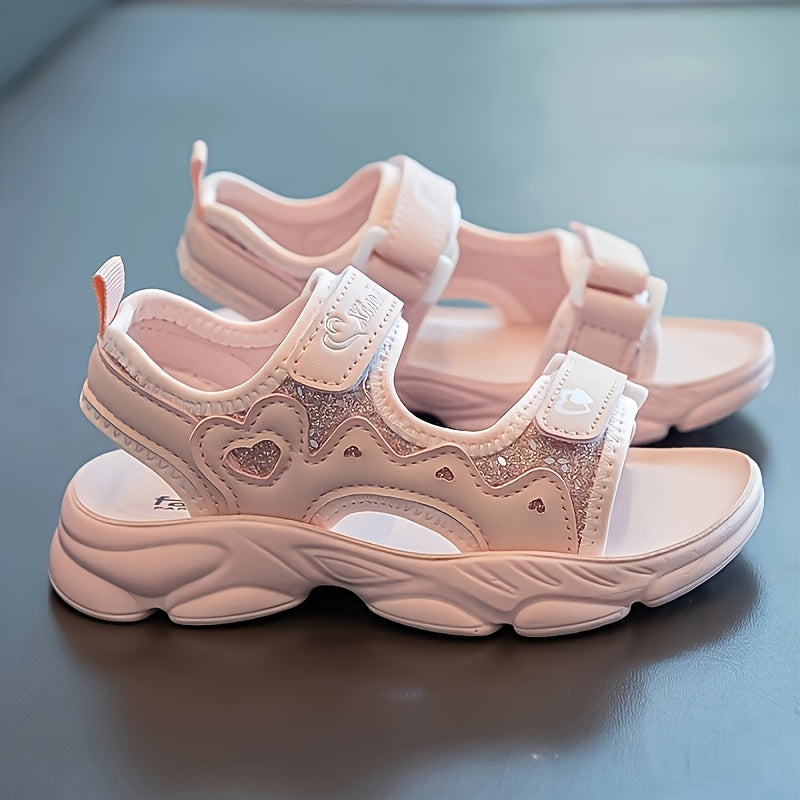 Girls Pink Glitter Sandals with Hearts and Sequin, Adjustable Straps, Soft Sole