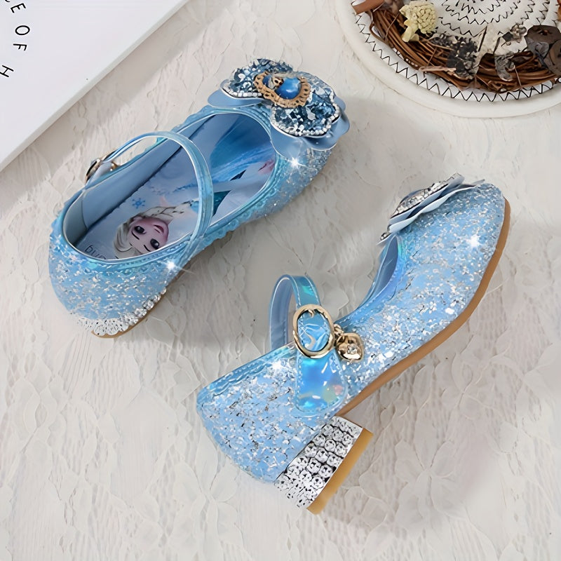 Girls Glittery High Heel Shoes with Pink and Blue Sparkling Embellishments