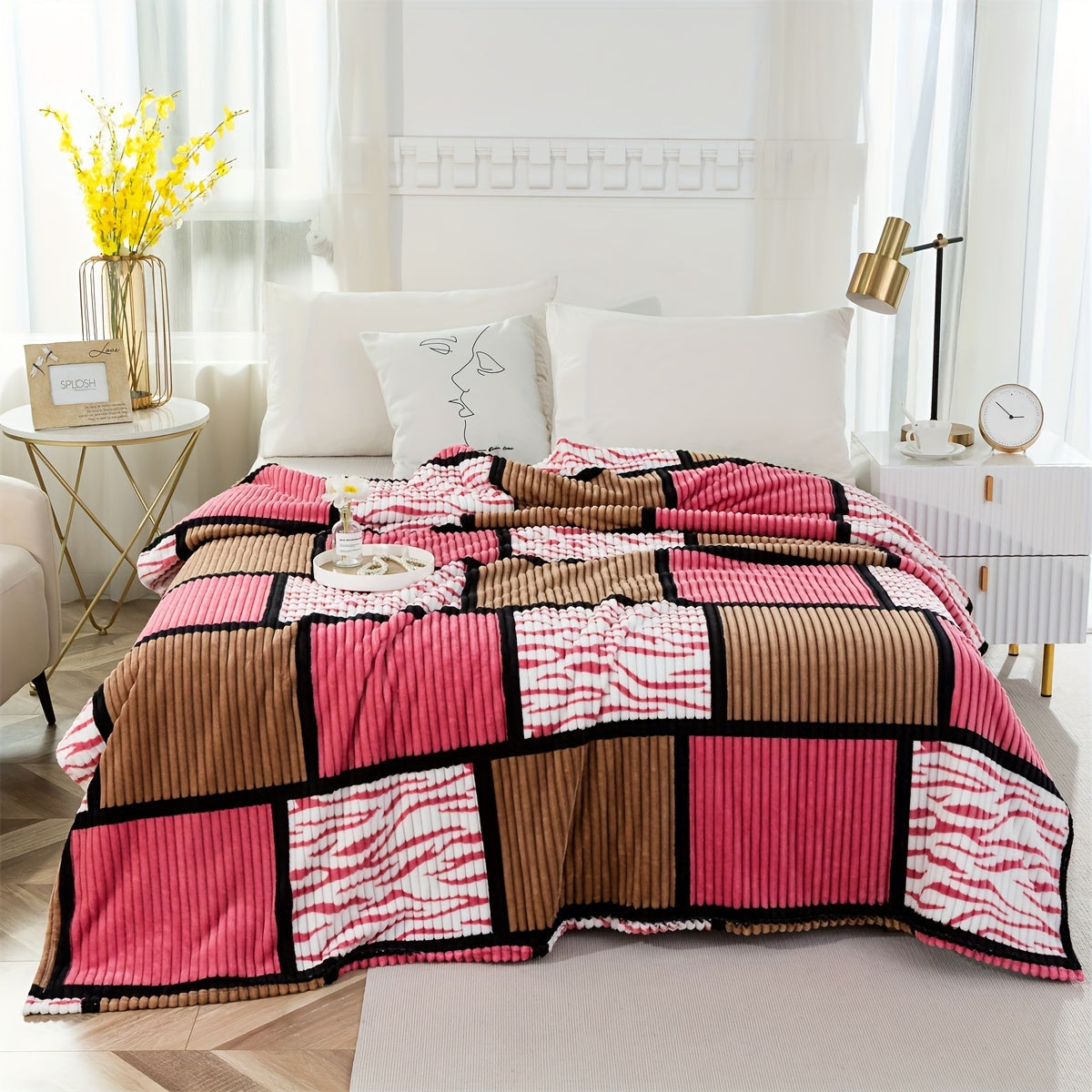 Color Block Faux Rabbit Fur Bed Blanket Cozy Throw for Bed Sofa Couch