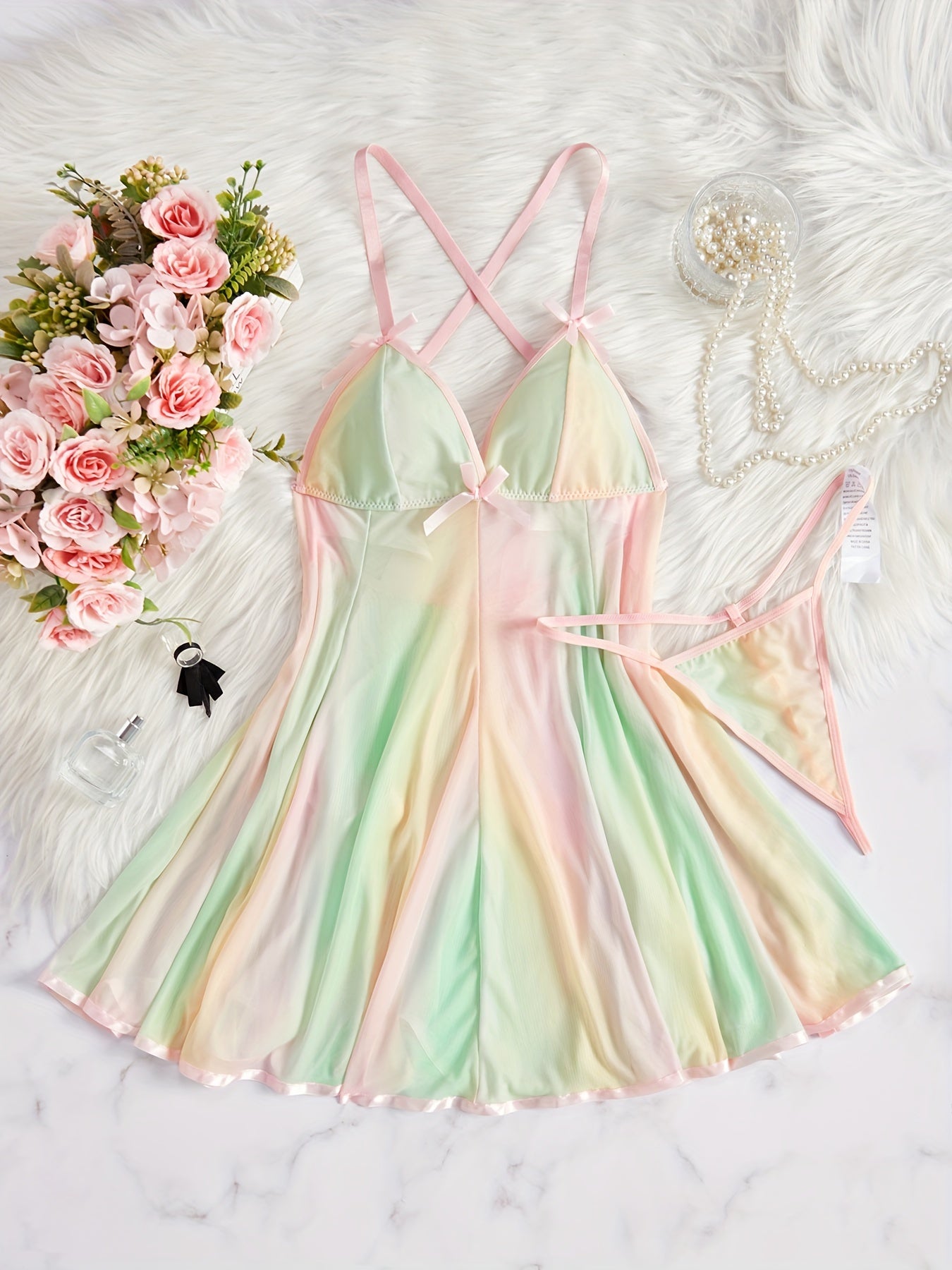 Women's Ombre Mesh Lingerie Set Slip Dress and Thong Polyester Blend Hand Wash