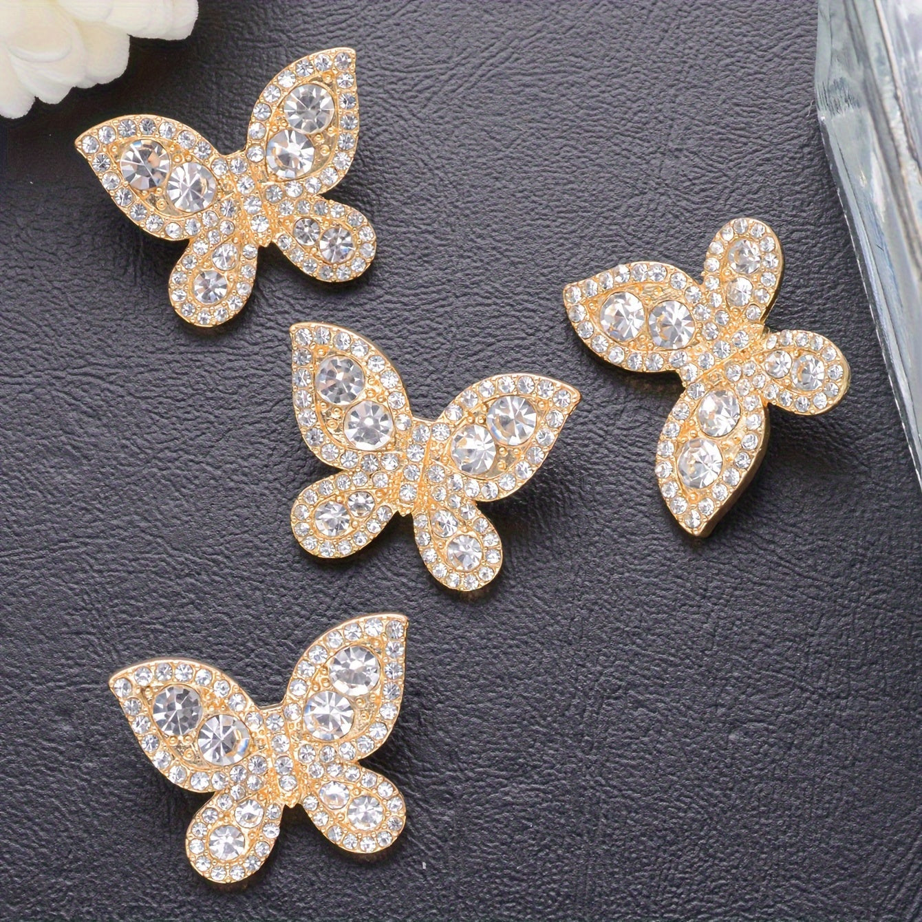 Set of 5 French-Inspired Butterfly Buttons with Rhinestones Metal Alloy Decorative Fasteners for Clothing