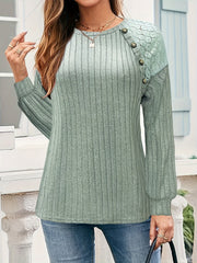 Plus Size Solid Button Decor Pullover Sweatshirt Long Sleeve Crewneck for Fall Spring