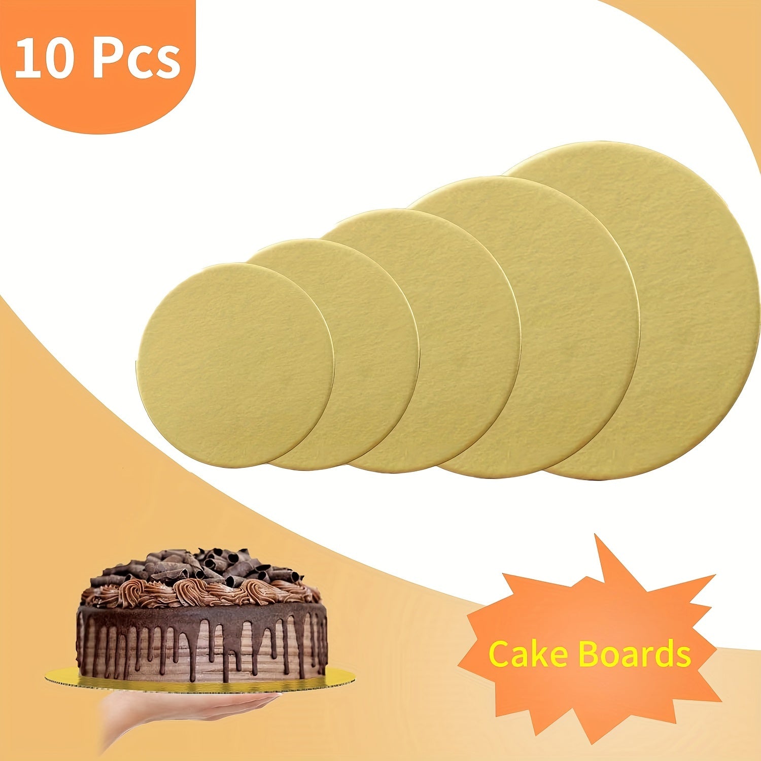 Set of 10 Gold Round Cake Boards Disposable Grease-Proof Food Grade for Cakes Pizzas