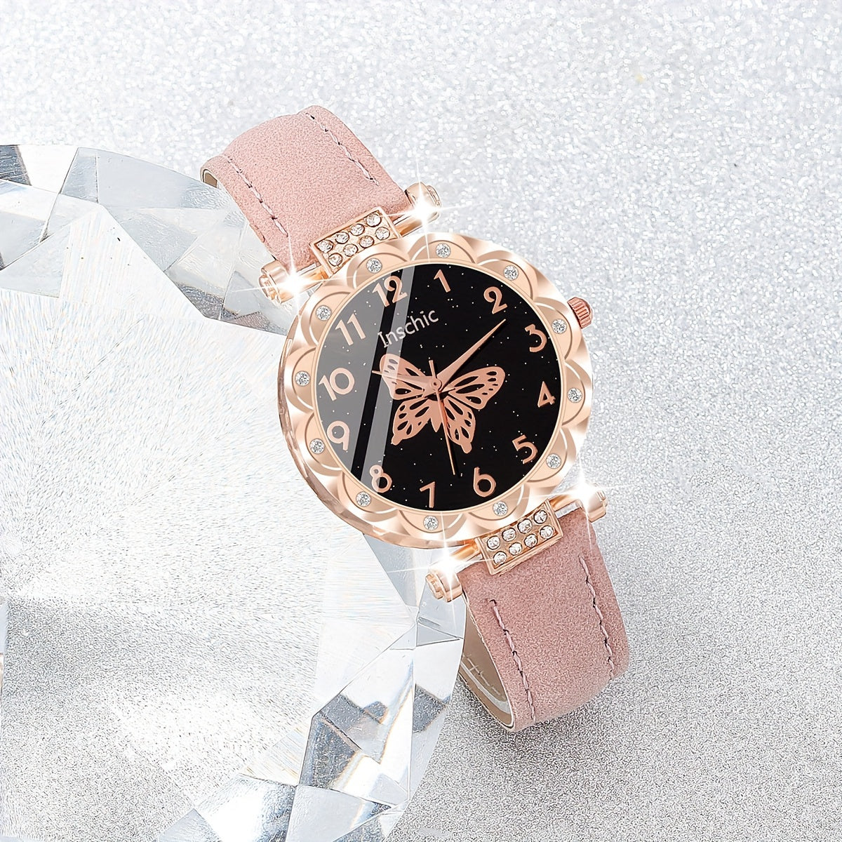 Pink Quartz Watch with PU Leather Strap Zinc Alloy Dial and Butterfly Jewelry for Women