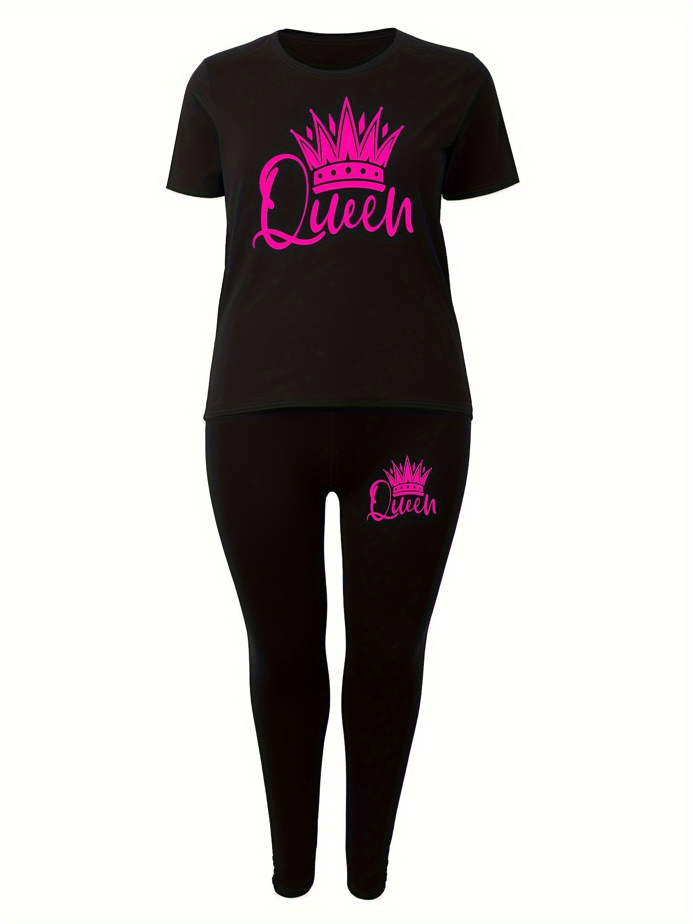 Women's Activewear Set with Queen Crown Graphic Polyester Elastane Crew Neck Long Pants