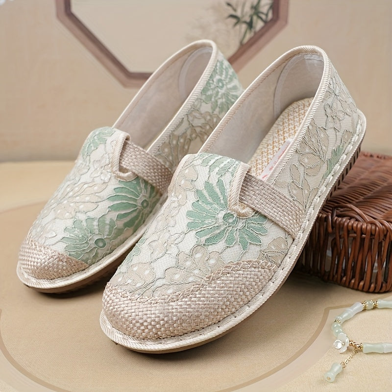 Women's Breathable Canvas Low-Top Shoes with Floral Pattern, Soft Non-Slip Sole