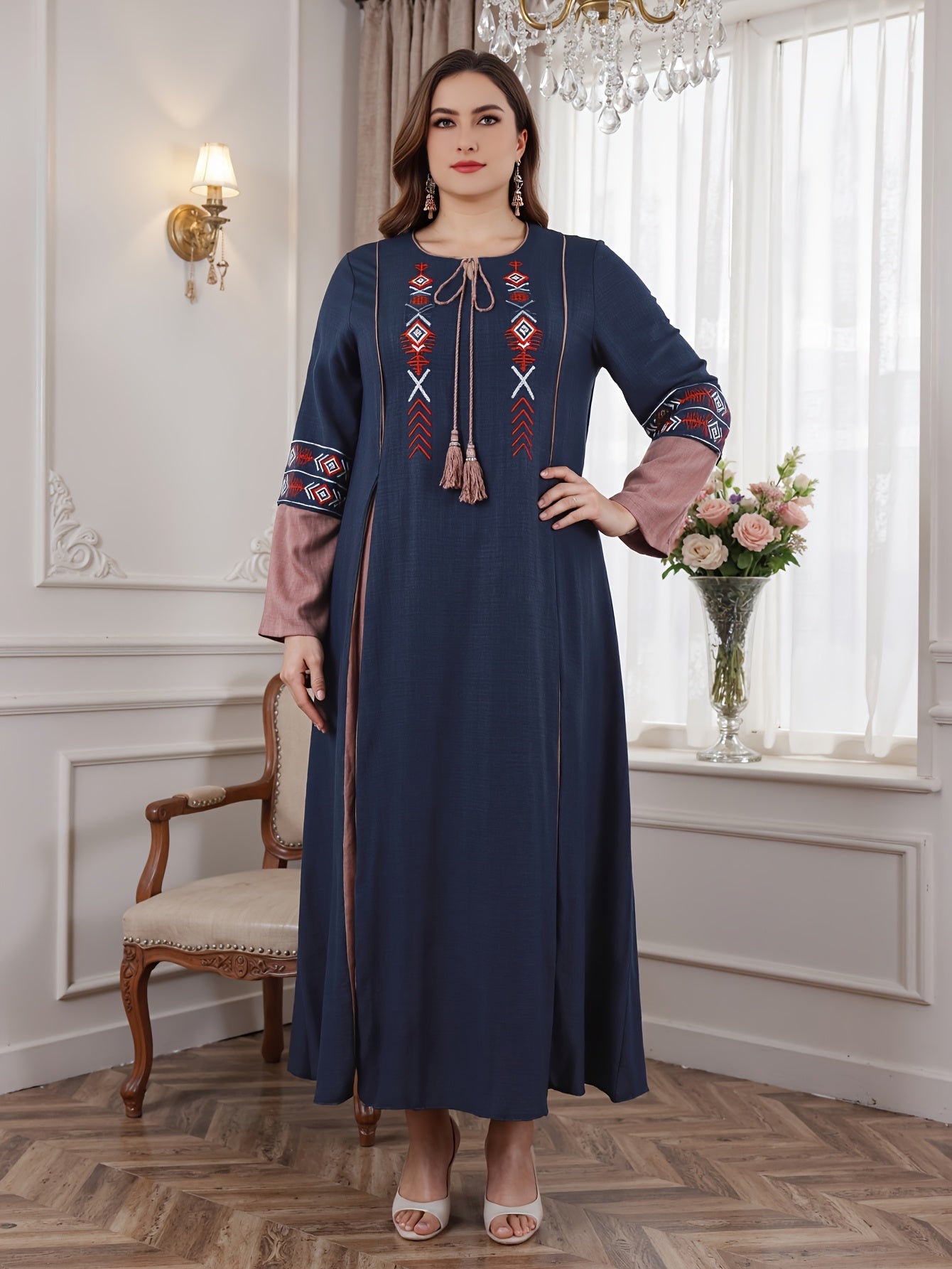 Plus Size Navy Blue V-Neck Maxi Dress With Red White Embroidery