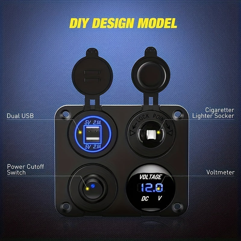 Dual USB Charger for 4-Gang 12V Outlets with LED Voltmeter and Wall Mount