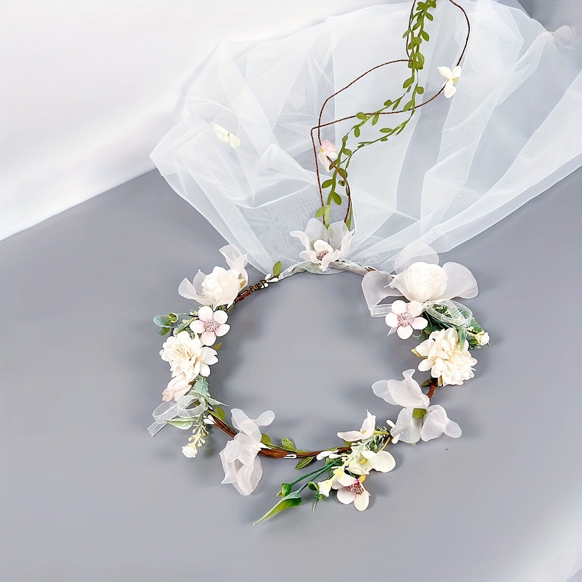 Bridal Wedding Hair Accessory Flower Headband with Double-Layer Veil Wreath Headpiece