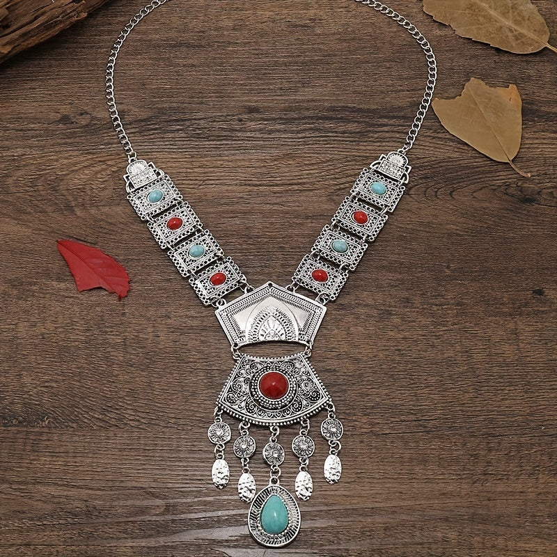 Vintage Water Drop Tassel Necklace with Carved Mosaic and Gemstone Inlays