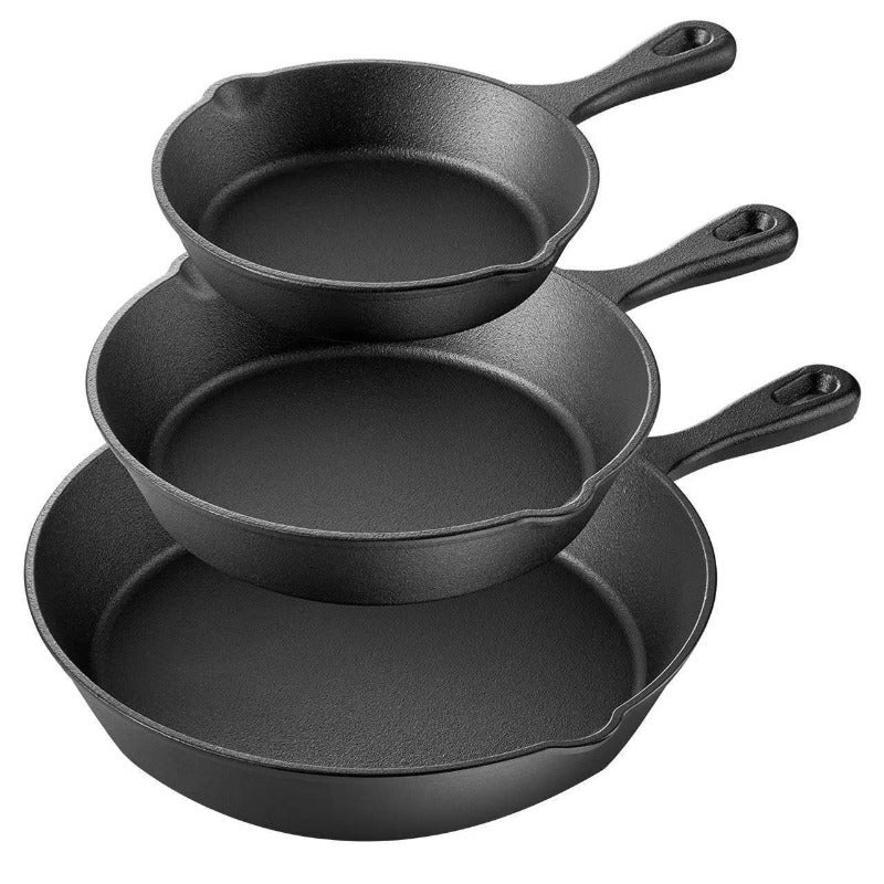 Three-Piece Cast Iron Pan Set 16 20 25cm Durable Indoor Outdoor Cooking