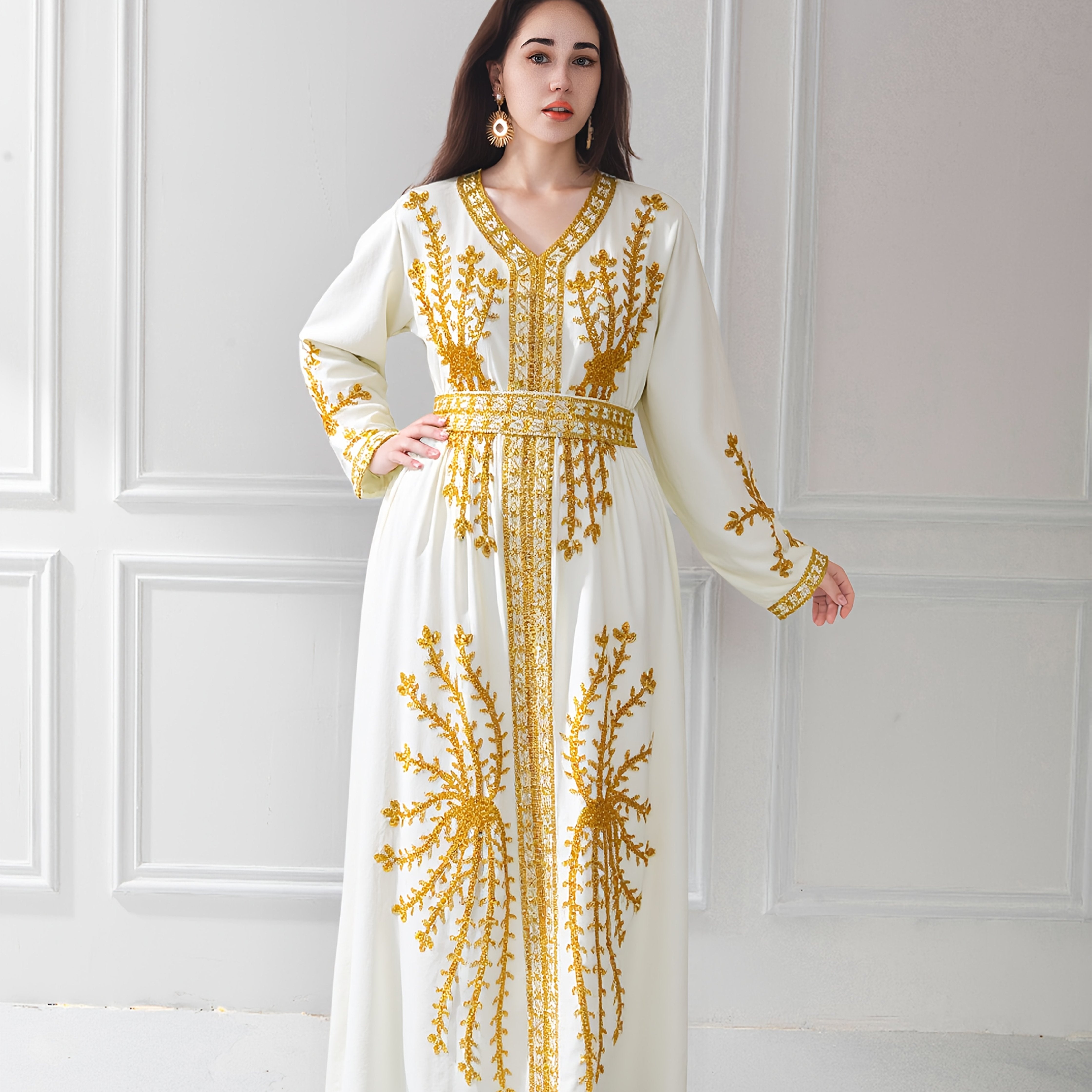 Plus Size Embroidered Maxi Dress White Gold V-Neck Long Sleeve Casual Formal