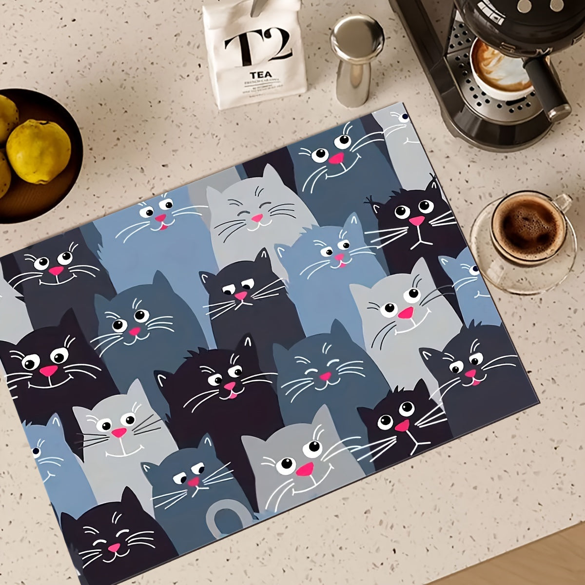 Cat Design Waterproof Dish Drying Mat, Ultra Absorbent, Non-Slip Kitchen Accessory
