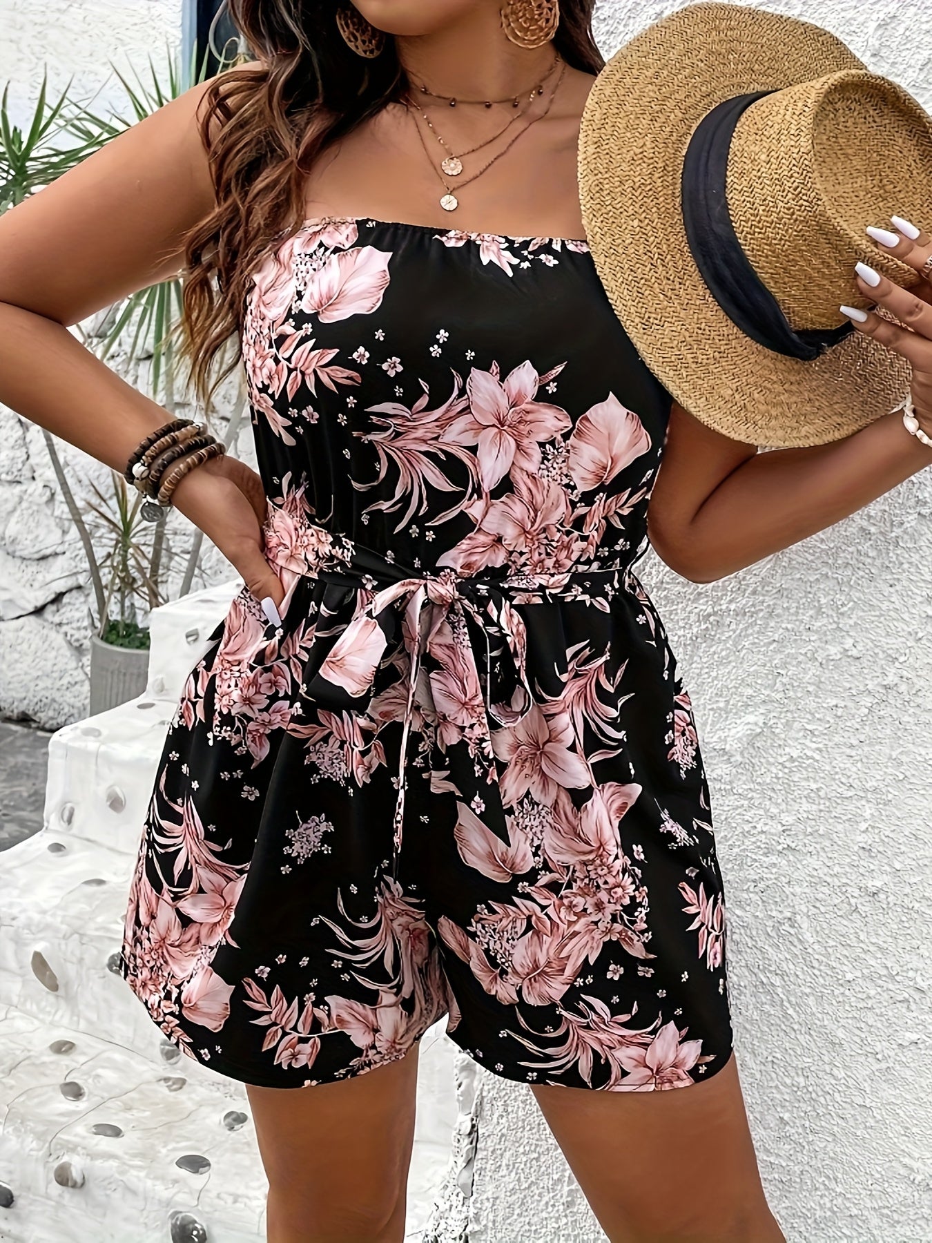 Women's Printed Strapless Jumpsuit with Vacation Pattern