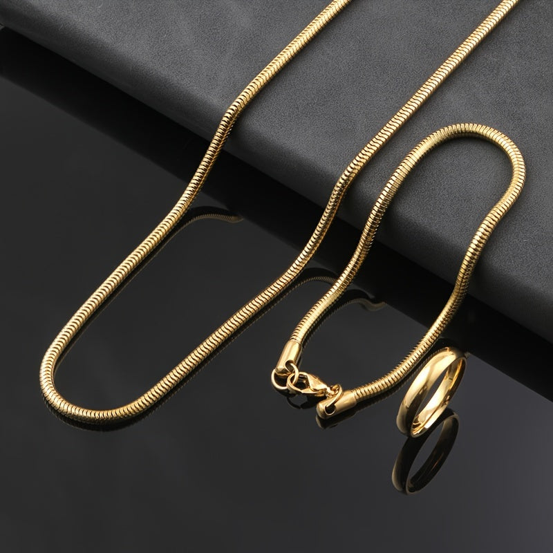 Zarif 3-qismli Zargarlik To'plami oltin - Nikelga chidamli Ilon Zanjirli Marjon, Bilaguzuk va Oddiy Halqa Har kuni kiyish uchun